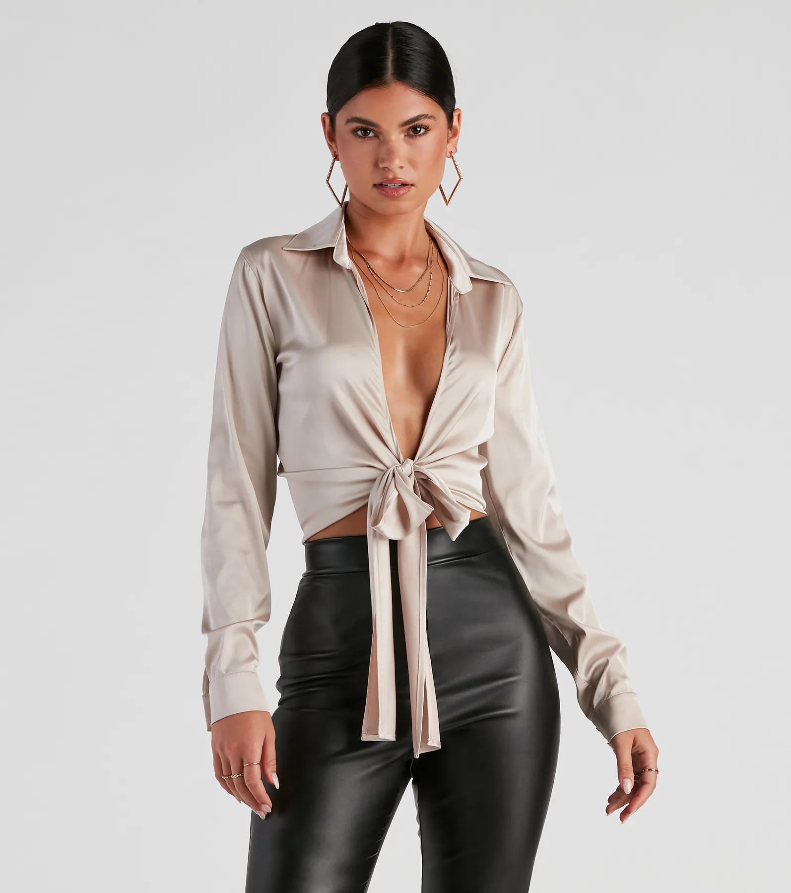 So Sleek Satin Tie-Front Blouse Elegant Women's 