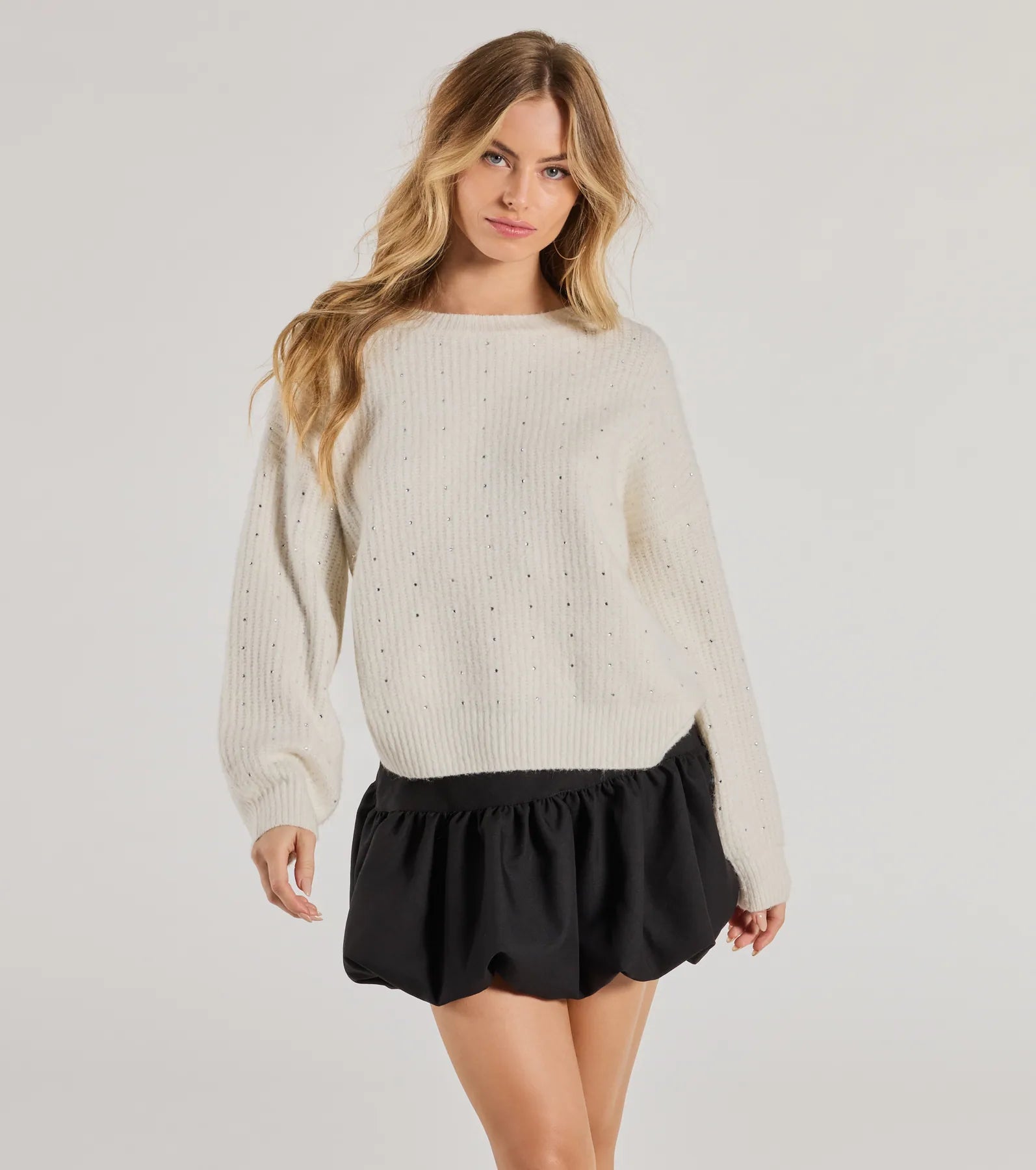 Cozy Sparkle Rhinestone Ribbed Knit Sweater Rugged Women's Outdoor 