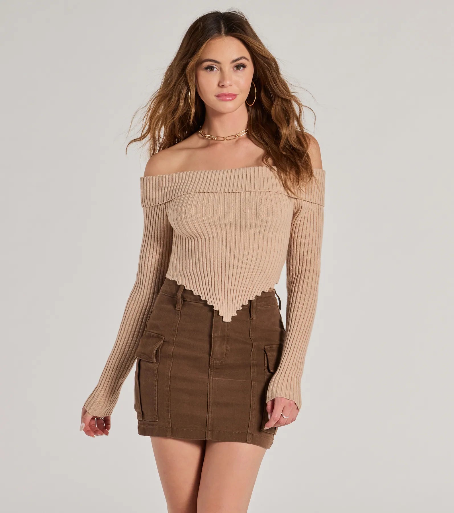 Trendy Textures Ribbed Knit Off-The-Shoulder Top Rugged Women's Outdoor 
