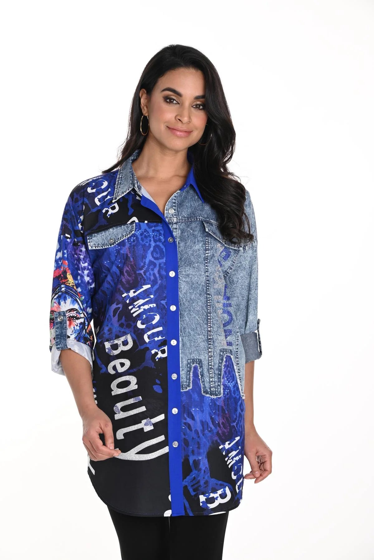 F.L 243528U Denim Block Blouse Stylish Women's Neon