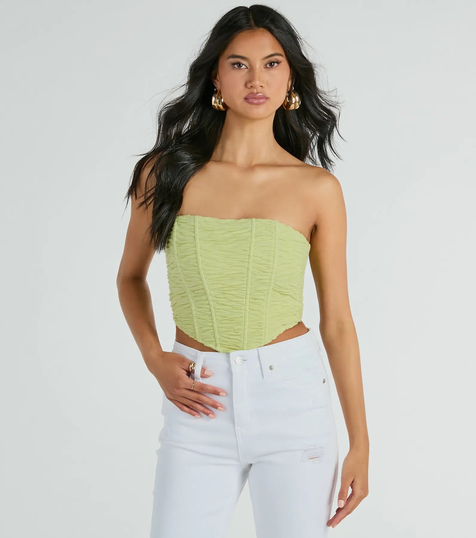 In The Spotlight Strapless Ruched Corset Top Polished Women's Silk