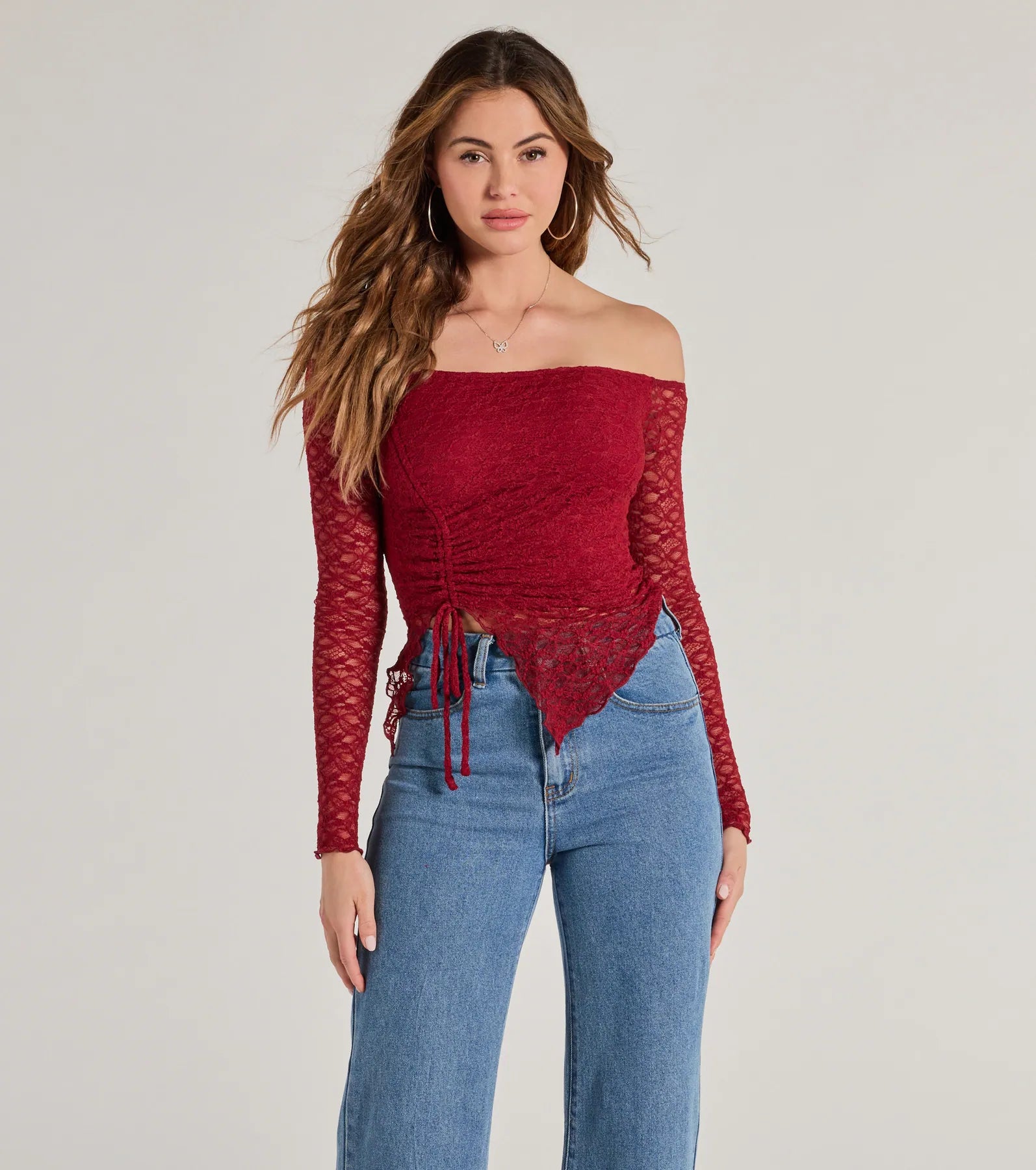 Trendy Babe Off-The-Shoulder Ruched Lace Top Dynamic Women's High - energy