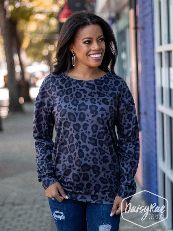 Storm Trooper Leopard Crew Neck Long Sleeves, Dark Grey Modern Women's Tech