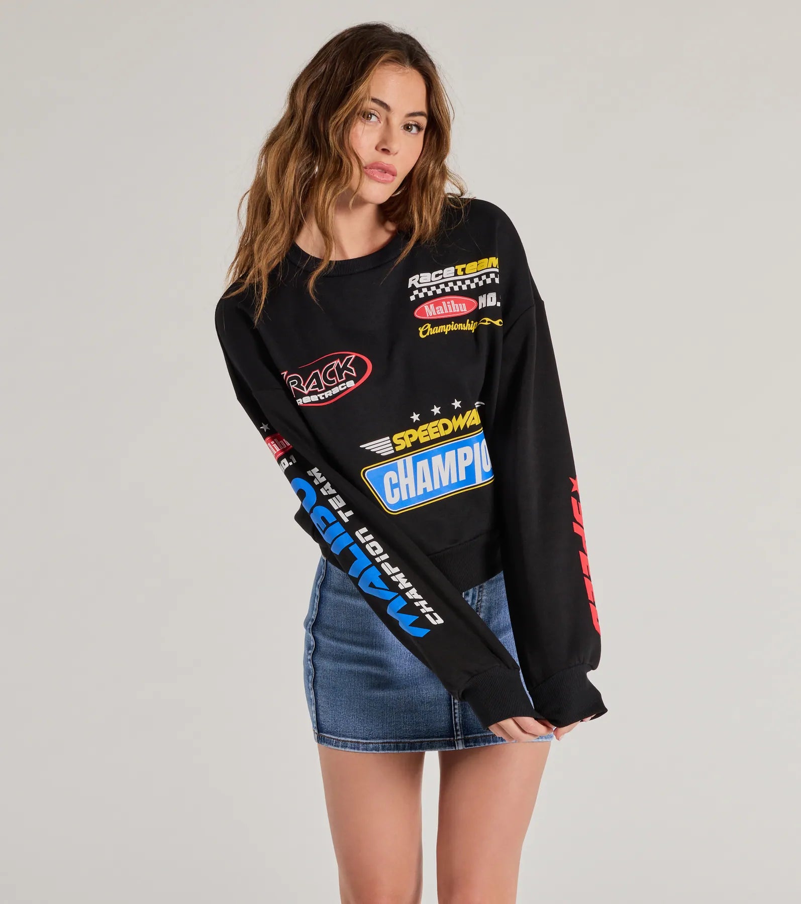 Trendy Moto Graphic Fleece Pullover Sweatshirt Earthy Women's 