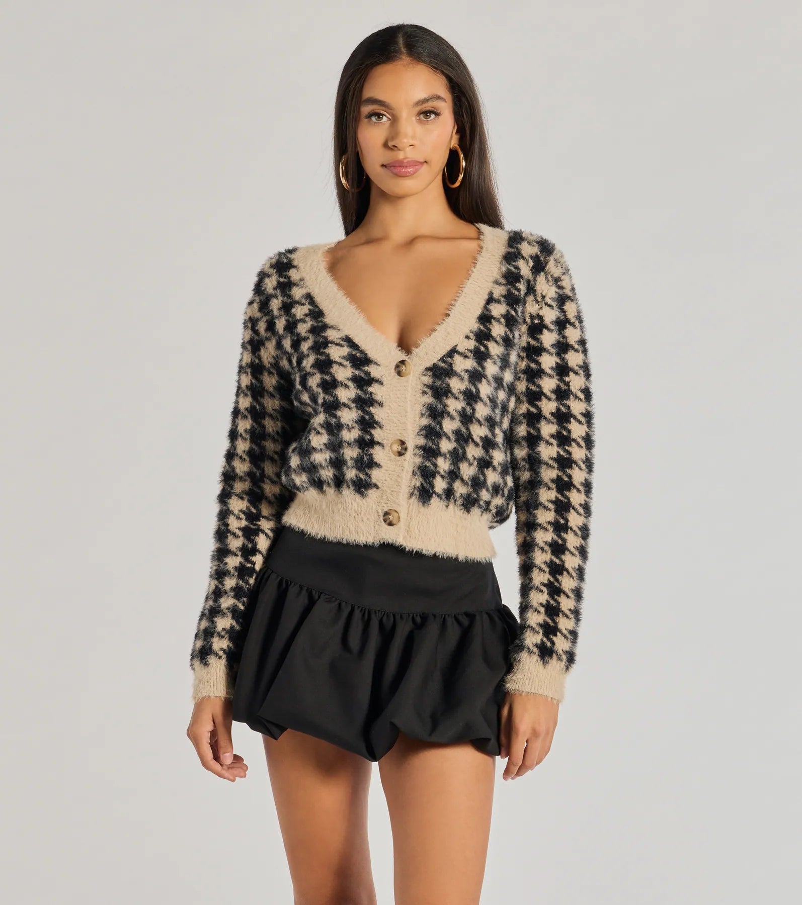 Polished Cozy Houndstooth Eyelash Knit Cardigan Dapper Women's 1920S