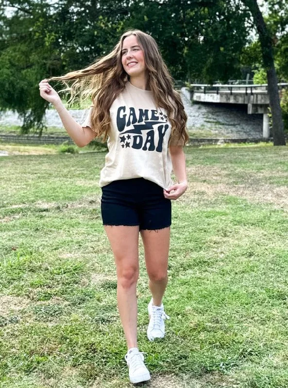 'Game Day' on Beige Acid Wash Tee Bohemian Women's Free