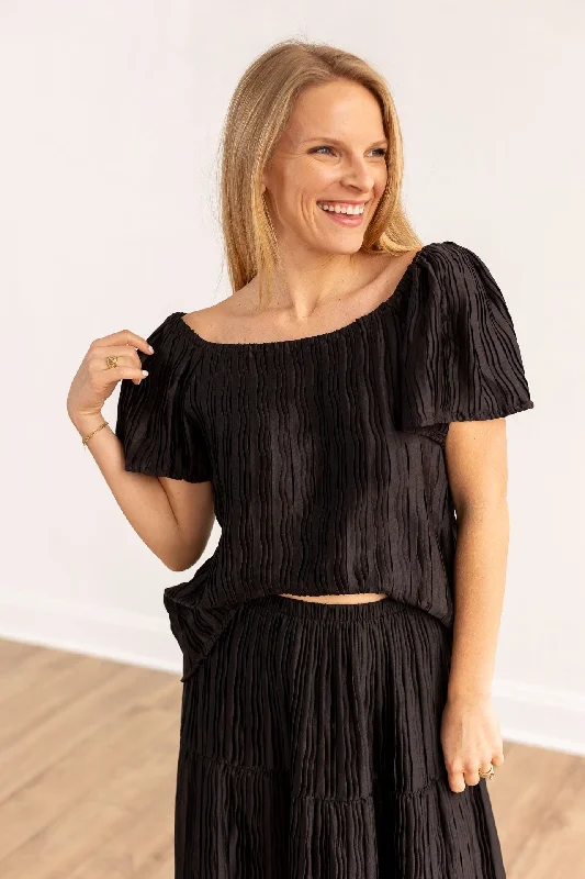 Lustrous Pleated Top, Black Traditional Women's Wool