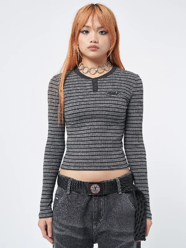 Graphite Half Button Striped Rib Top Earthy Women's Hemp - based