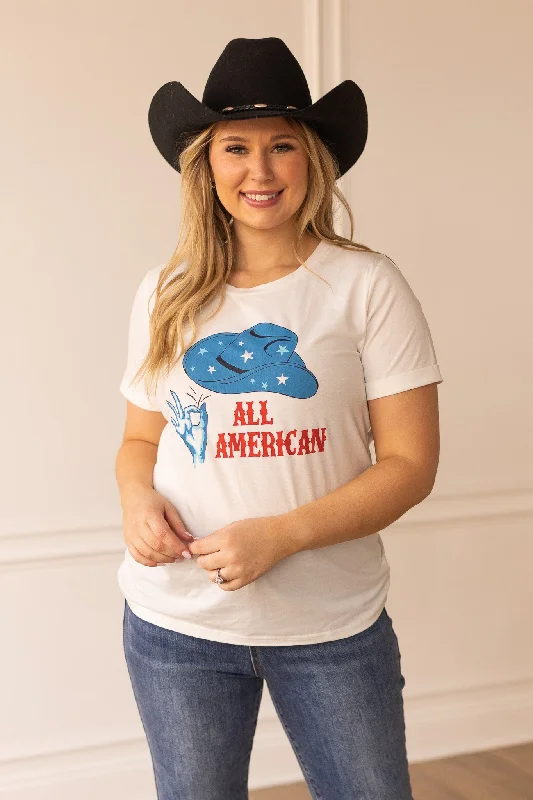 'All American' on Vanilla Bean White Cuffed Tee Stylish Women's Neon