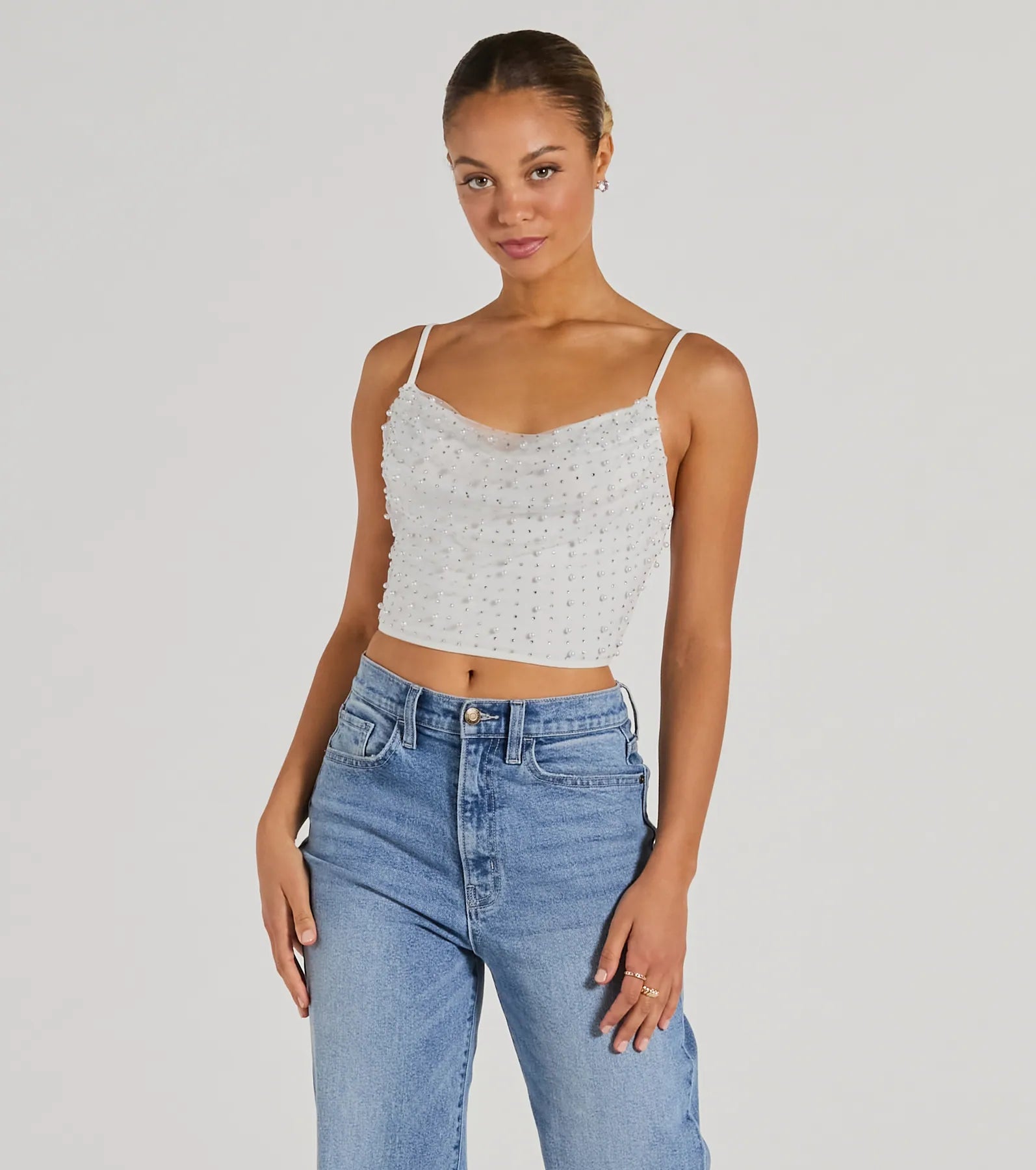 Little Moment For Faux Pearl Rhinestone Crop Top Dapper Women's Bow - adorned