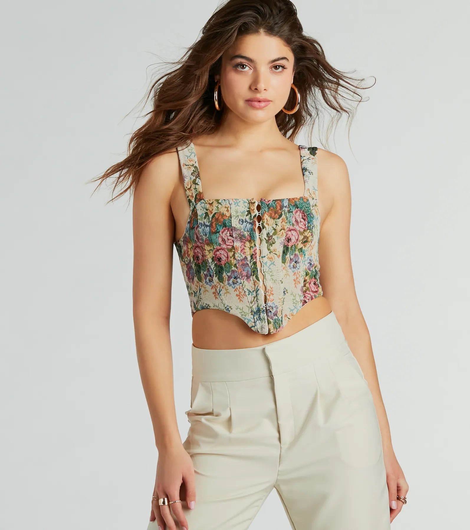 Fairytale Flair Lace-Up Floral Corset Top Geometric