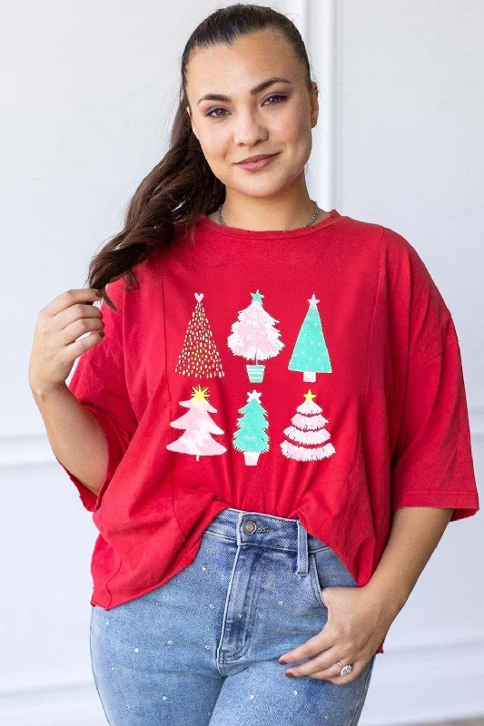 Christmas Trees on Red Boxy Crop Top Minimalist Women's Casual
