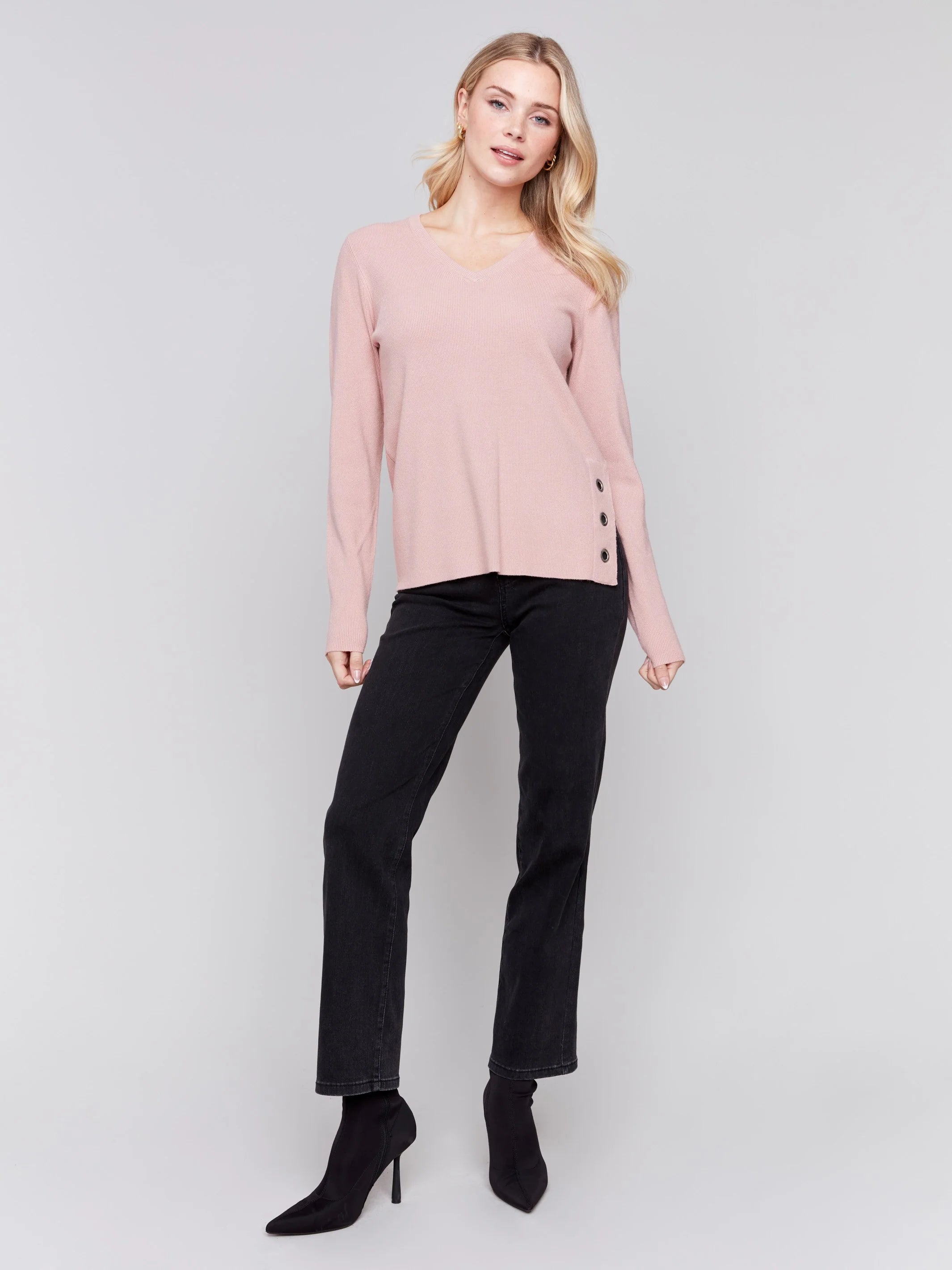 C.B C2569R V-Neck Sweater with Grommet Detail Youthful Women's Anime - inspired