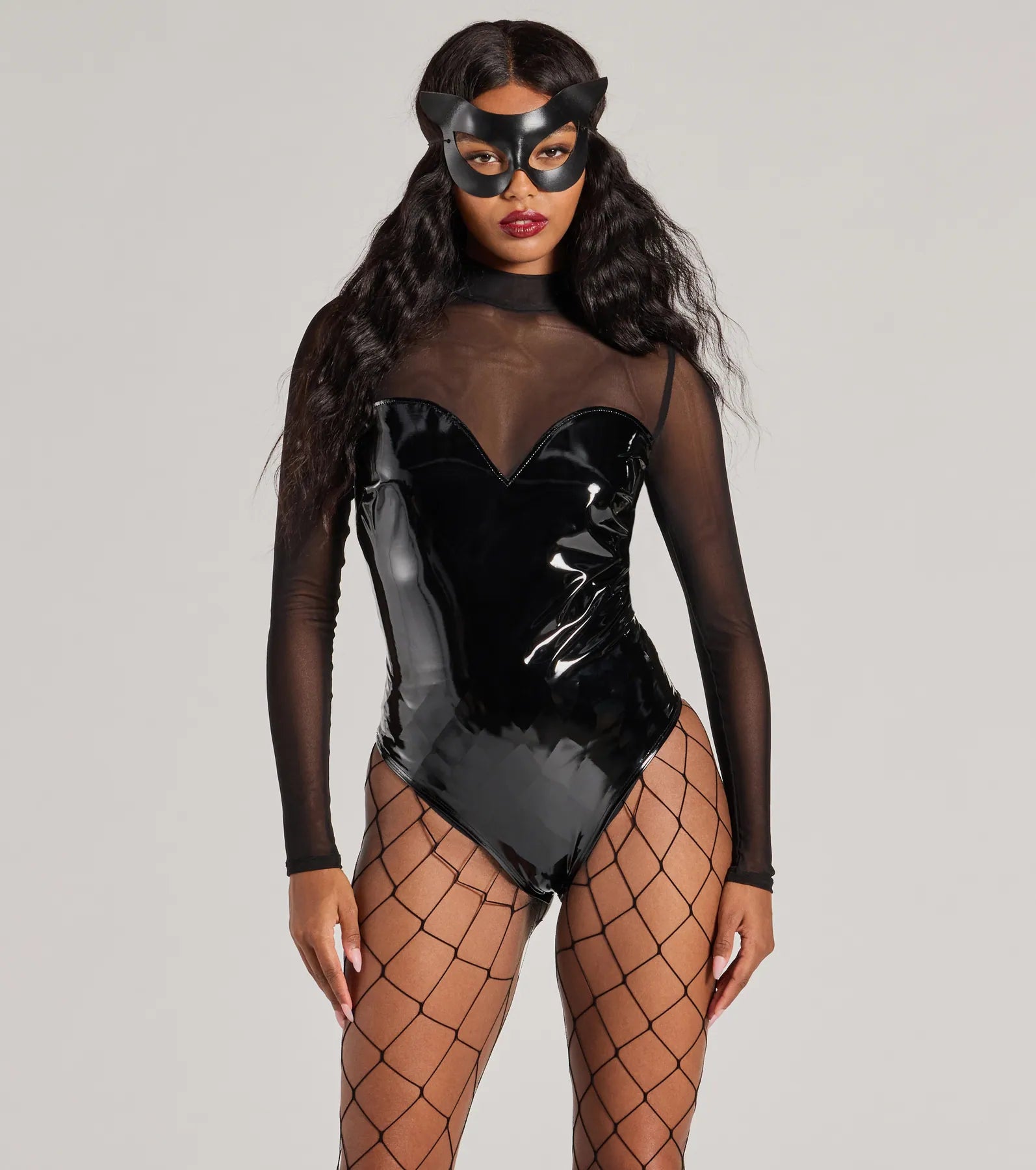 Daring Feline Mesh And Faux Leather Bodysuit Refined Women's Velvet