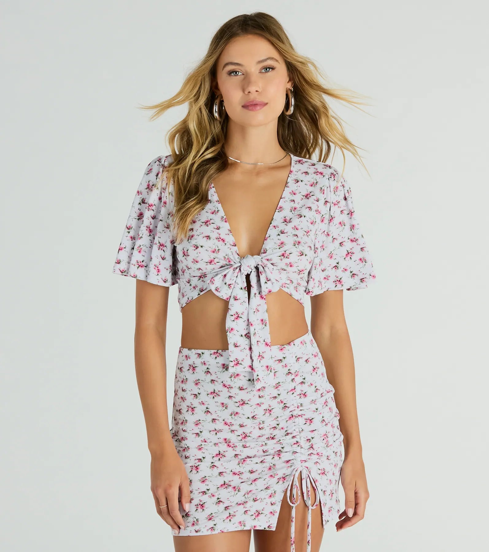 Sweet Flirt Flutter-Sleeve Ditsy Floral Tie-Front Top Athletic Women's 