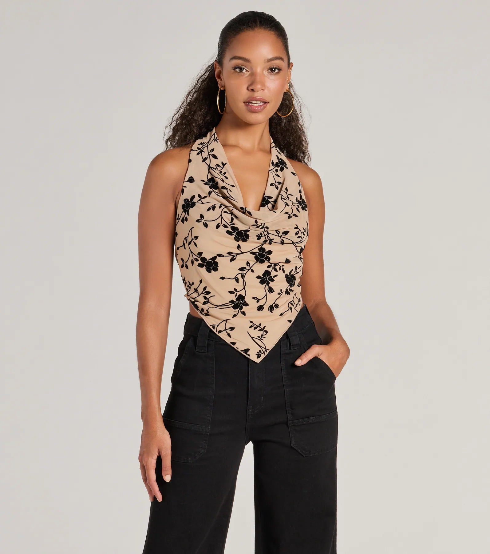 Bold Romance Flocked Floral Print Halter Top Earthy Women's Hemp - based