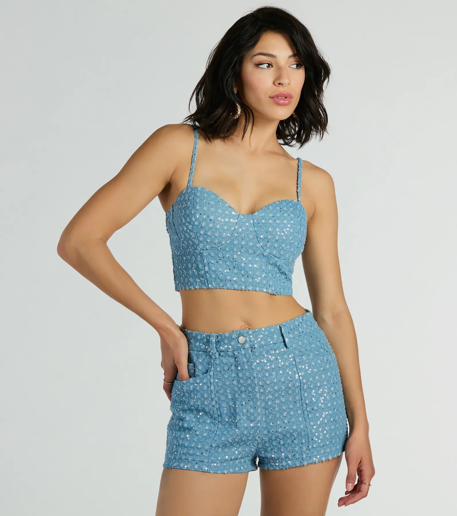 Feeling Flirty Sequin Glitter Denim Bustier Top Athletic Women's High - 