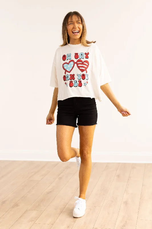 OH Say Can You See on Perfect Company Boxy Crop in White Tough Women's Military - inspired
