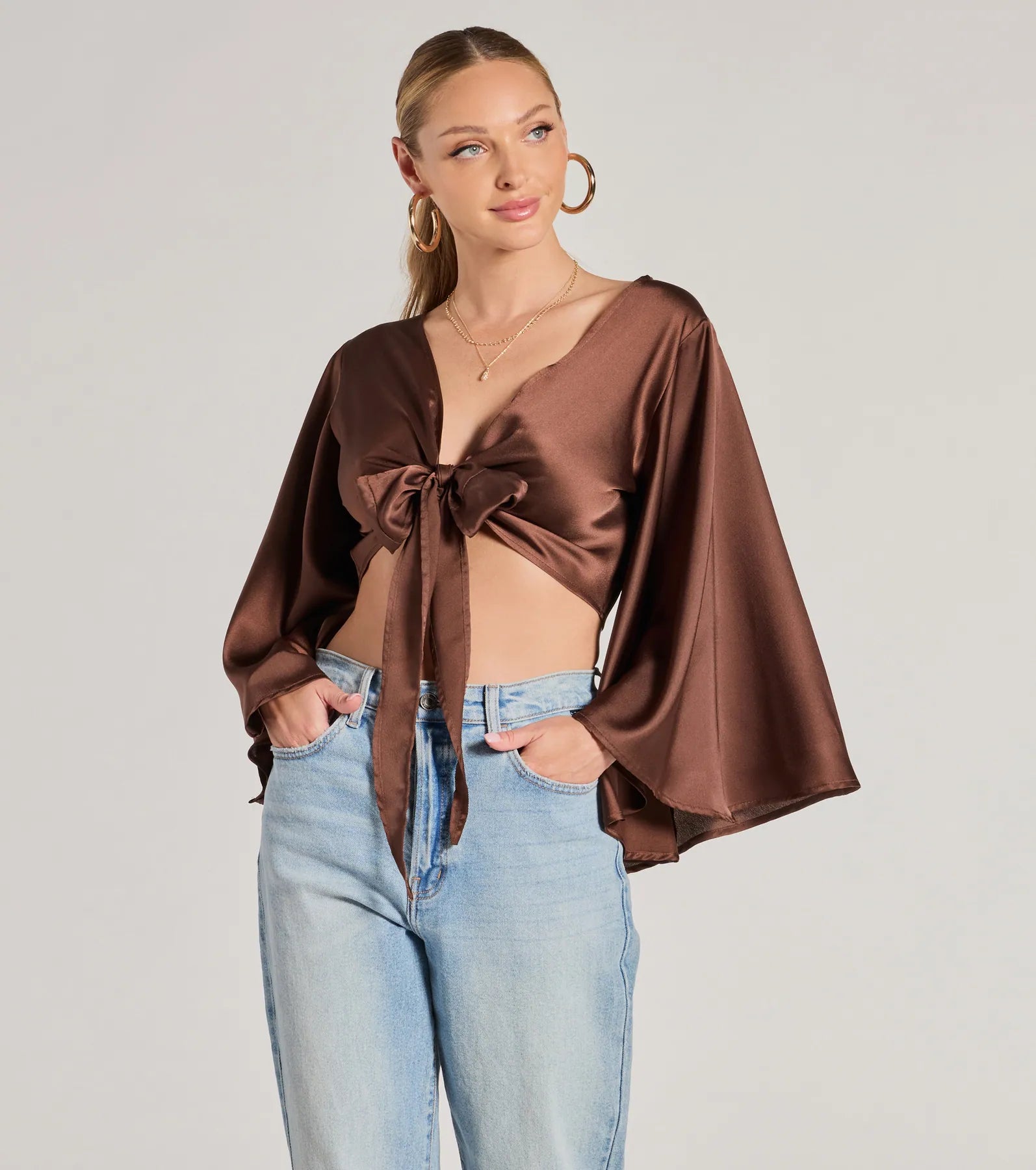 Silky Satin Tie Front Crop Top Laid - back Women's Style
