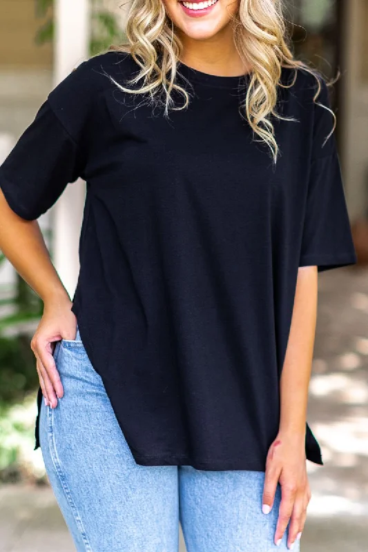 Sweet Side Oversized Tee with Slit in Black Bold Women's Statement