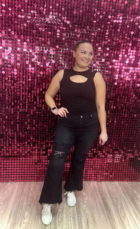 Black Ribbed Tank With Cutout performance