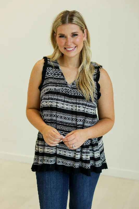 Meeting for Brunch V-Neck Sleeveless Floral Top, Black Relaxed Women's Beachy