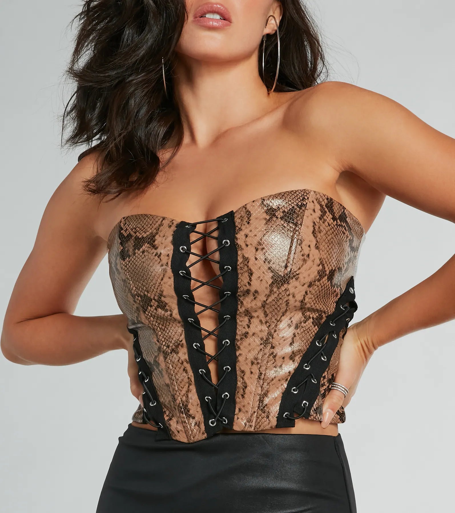 Snake Skin Tight Lace-Up Faux Leather Corset Top Refined Women's 