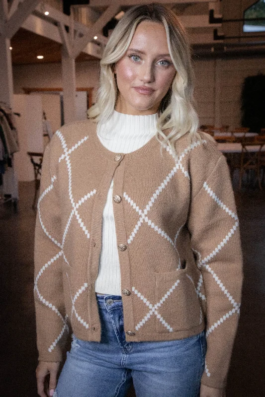 Argyle Thick Knit Cardigan, Brown/Ivory French