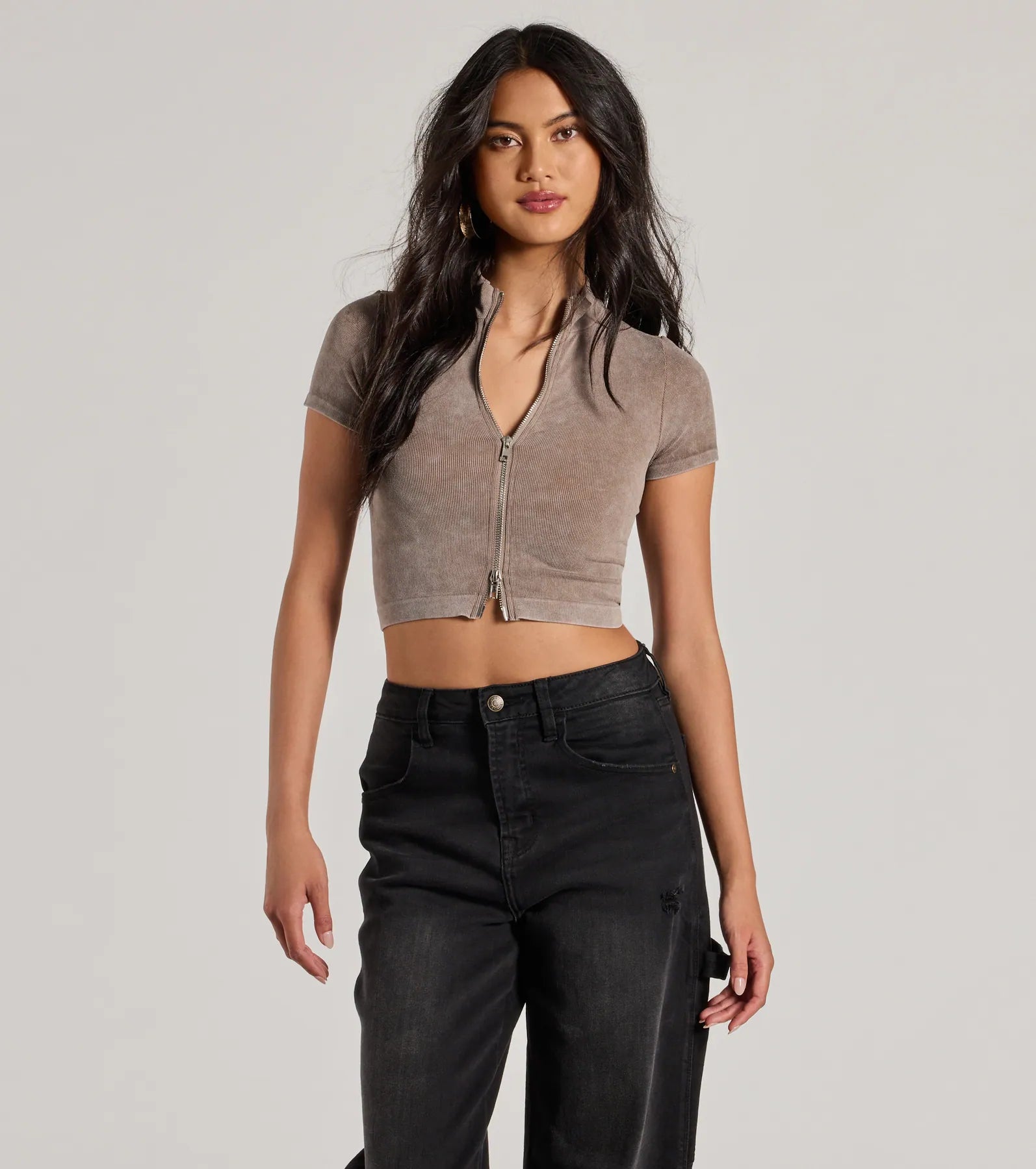 Trending Vibe Short Sleeve Zip Up Crop Top Laid - back Women's Style