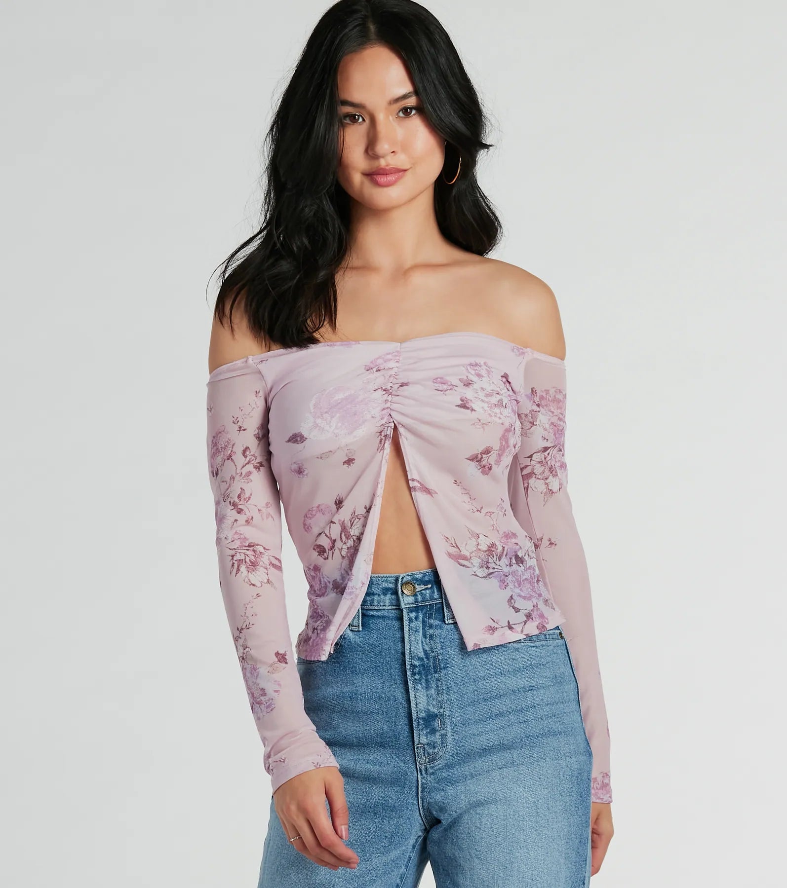 Floral Daydream Off-The-Shoulder Mesh Top Streetwear Style for 