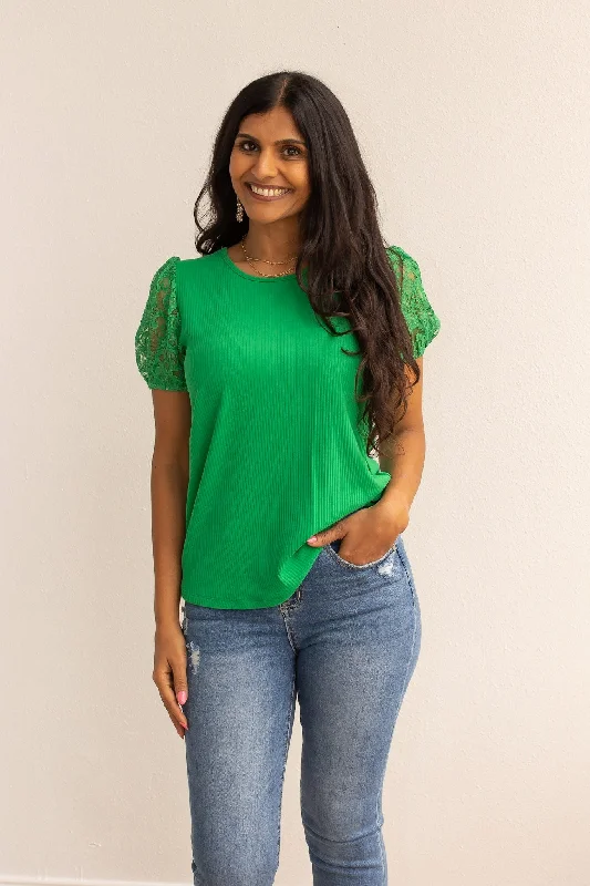 Green Ribbed Tee With Lace Puff Sleeve. Dynamic Women's High - energy
