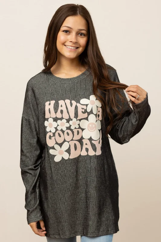 Have A Good Day on Black Ribbed Long-sleeve Top Australian Beach