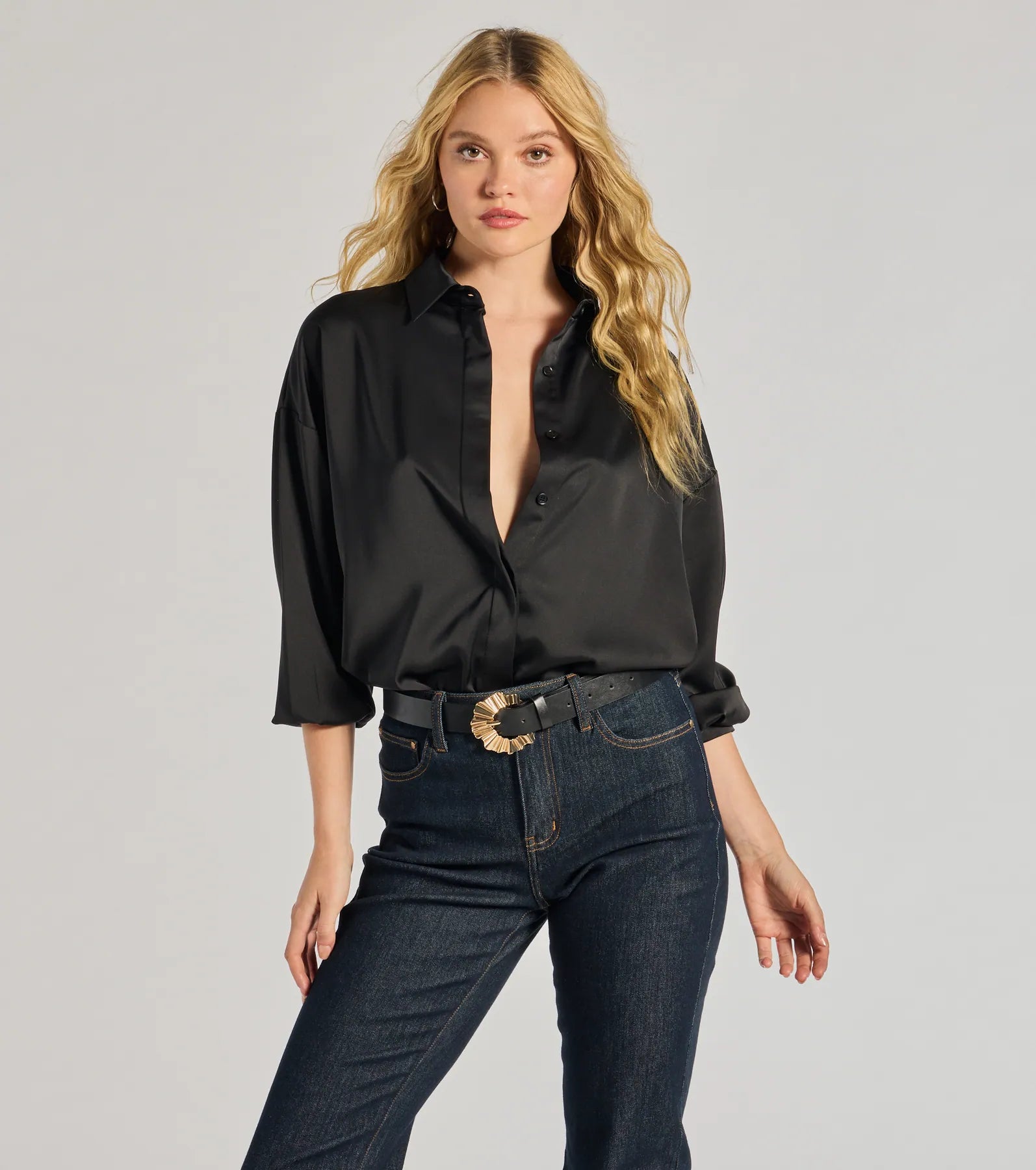 Always Chic Satin Button-Down Long Sleeve Top Youthful Women's Pop