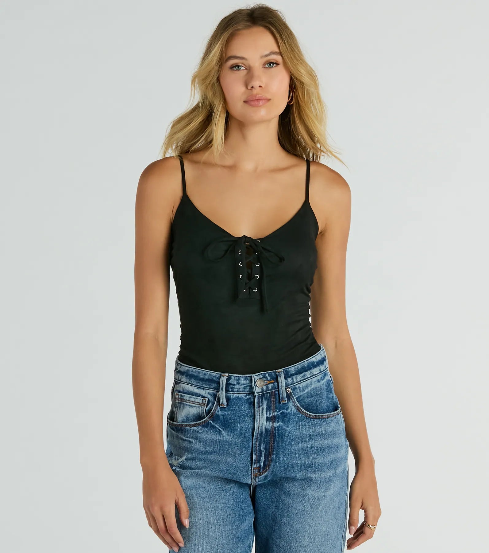 Lace Me Up Sleeveless Faux Suede Bodysuit Classic Women's Tweed