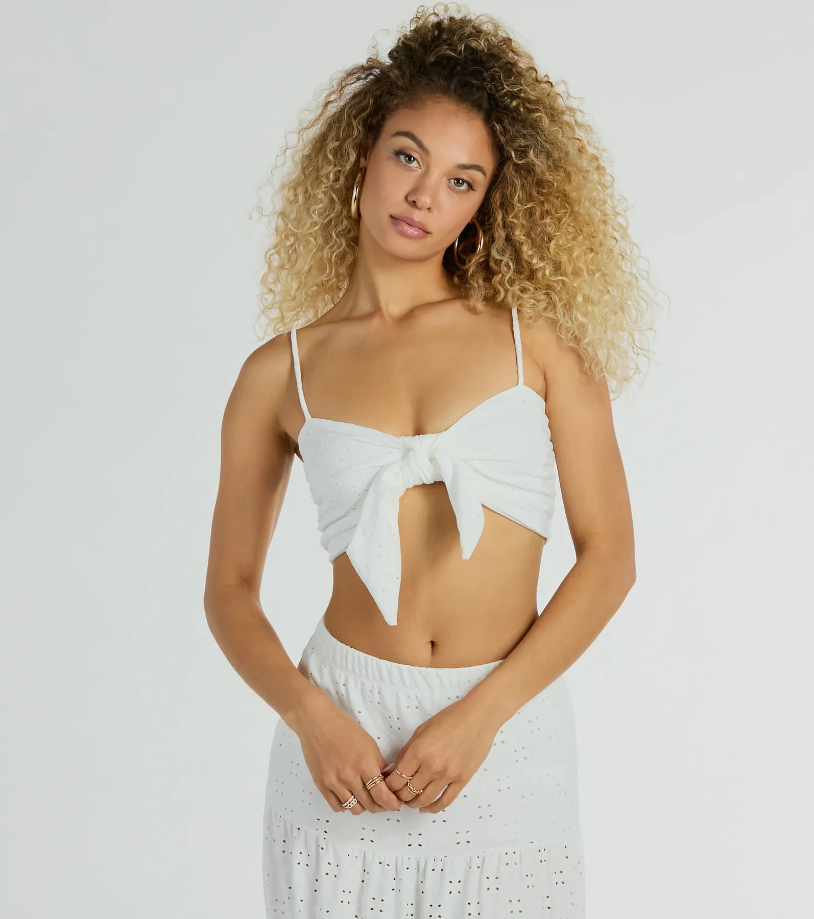 Spring Breeze Sweetheart Tie Eyelet Crop Top Elegant Women's Formal 