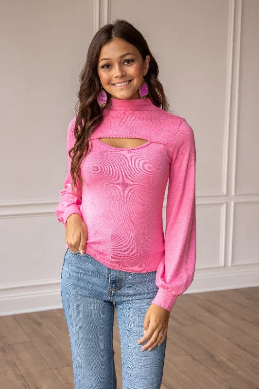 Pink Cut Out Long-sleeved Top Casual Women's Loose - fitting