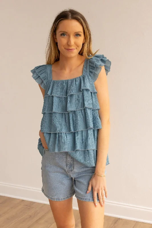 Femme Flounce Blue Ruffle Top Luxurious Women's High -  end