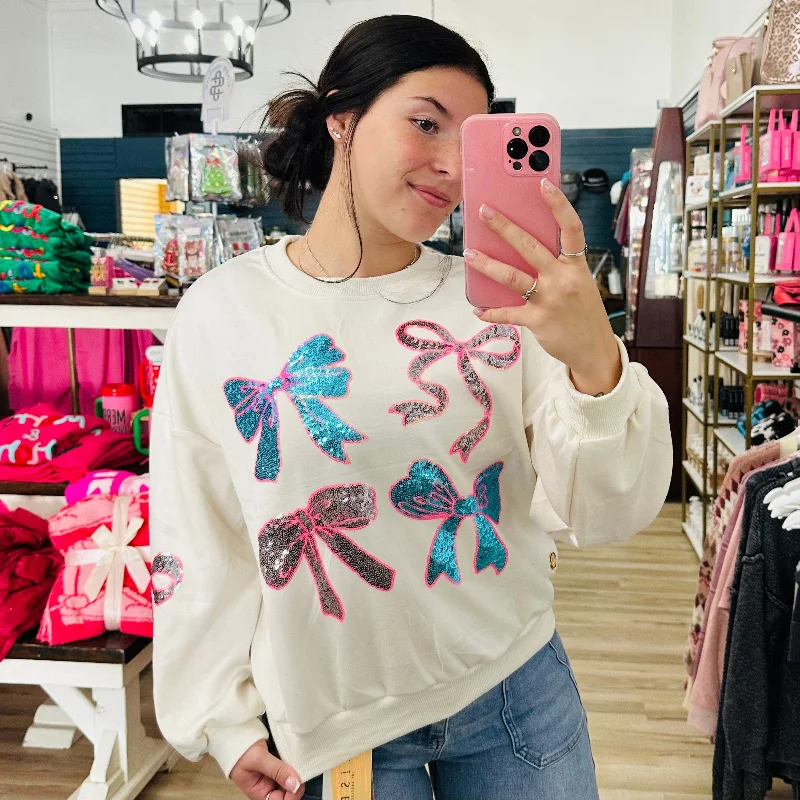 Sparkle Bow White Sweater Youthful Women's Pop