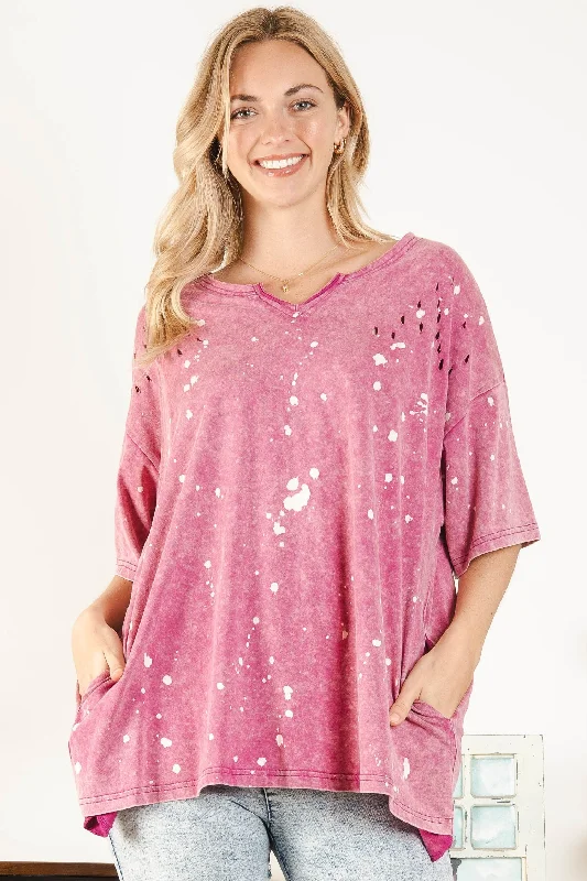 Magenta Washed Distressed V-Neck Top Earthy Women's 