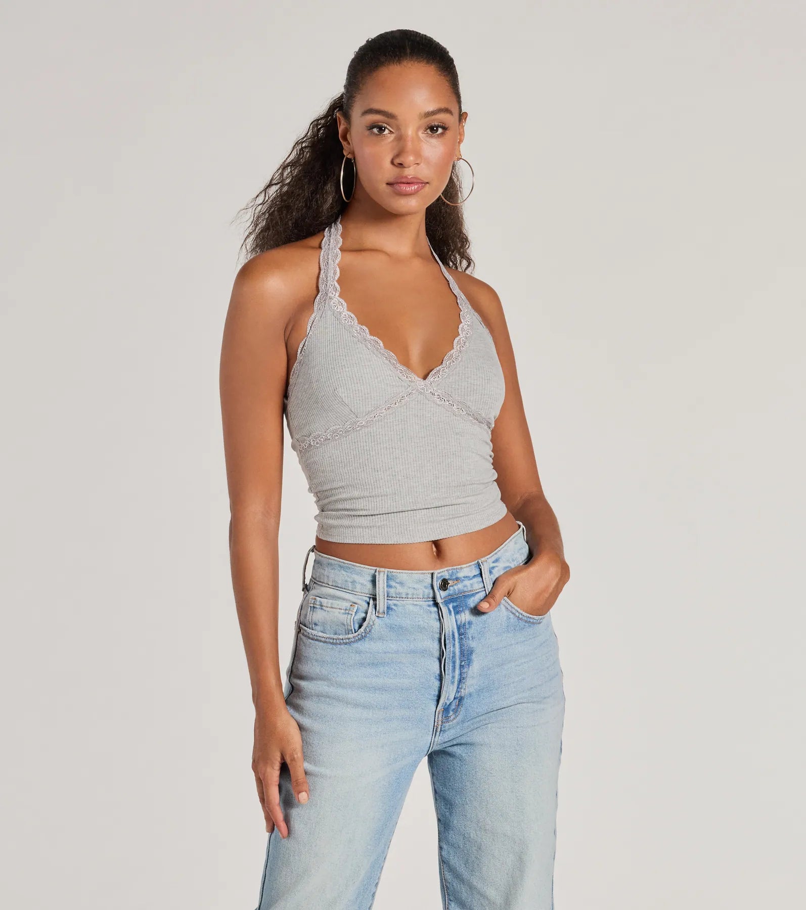 Adorably Trendy Lace Trim Knit Halter Top Scandinavian