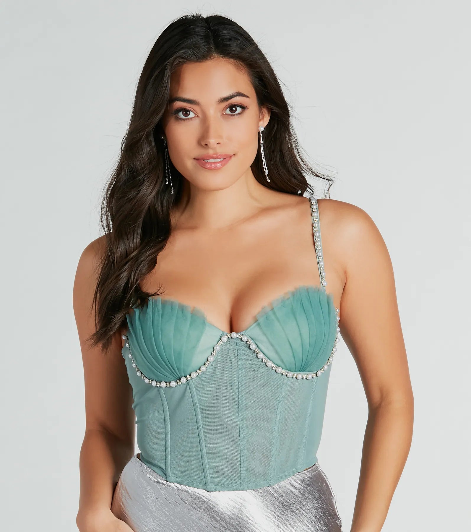 Dreamy Pearl And Rhinestone Trim Bustier Top Sharp Women's Italian