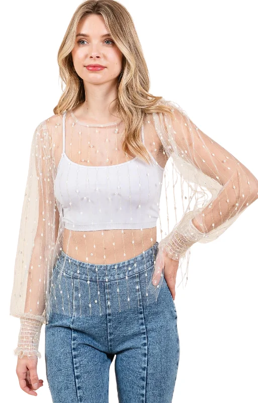 Mesh Pearl And Glitter Detail Top Relaxed Women's 