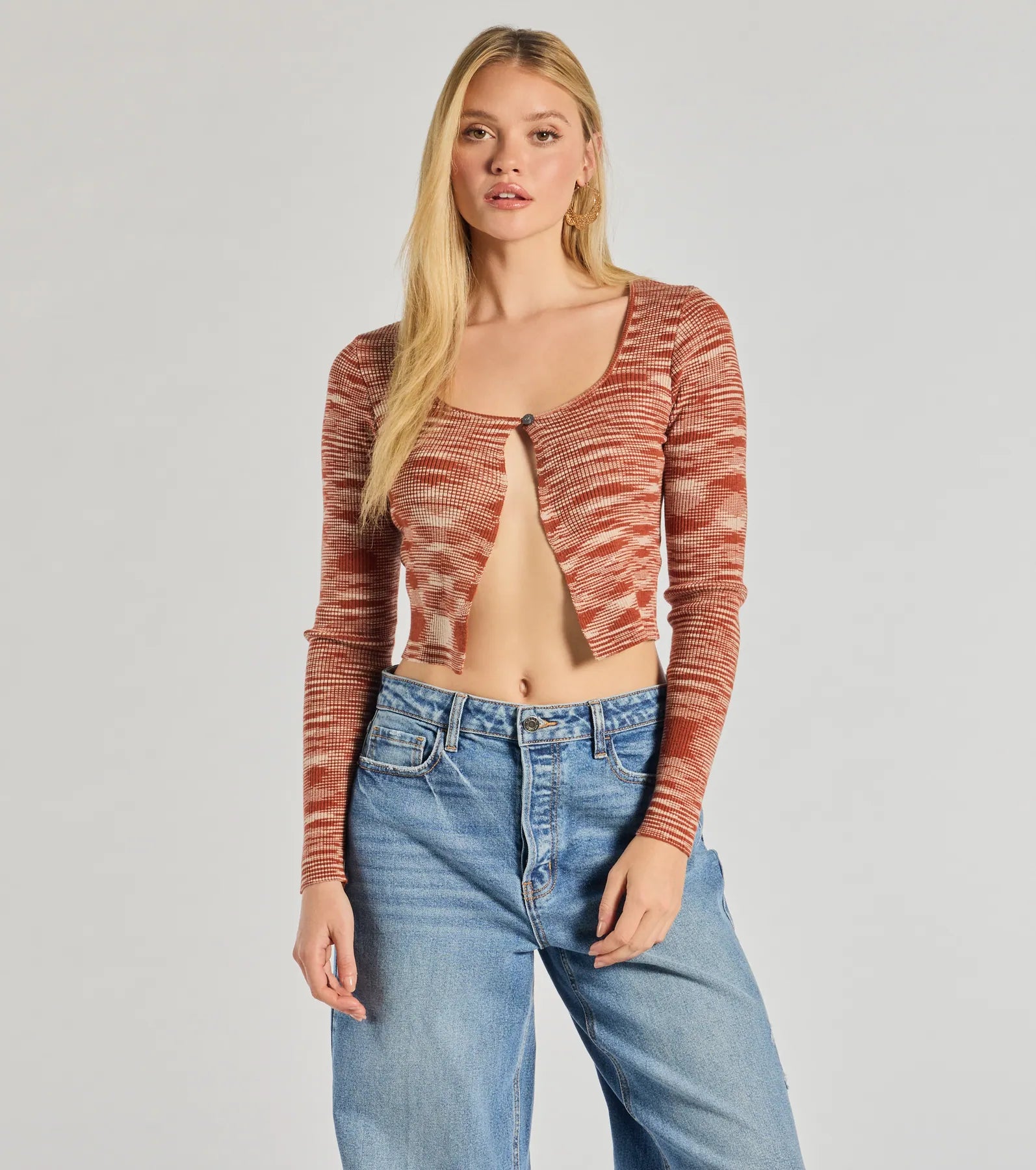 Sassy Knits Long Sleeve Button Crop Top Sharp Women's Italian