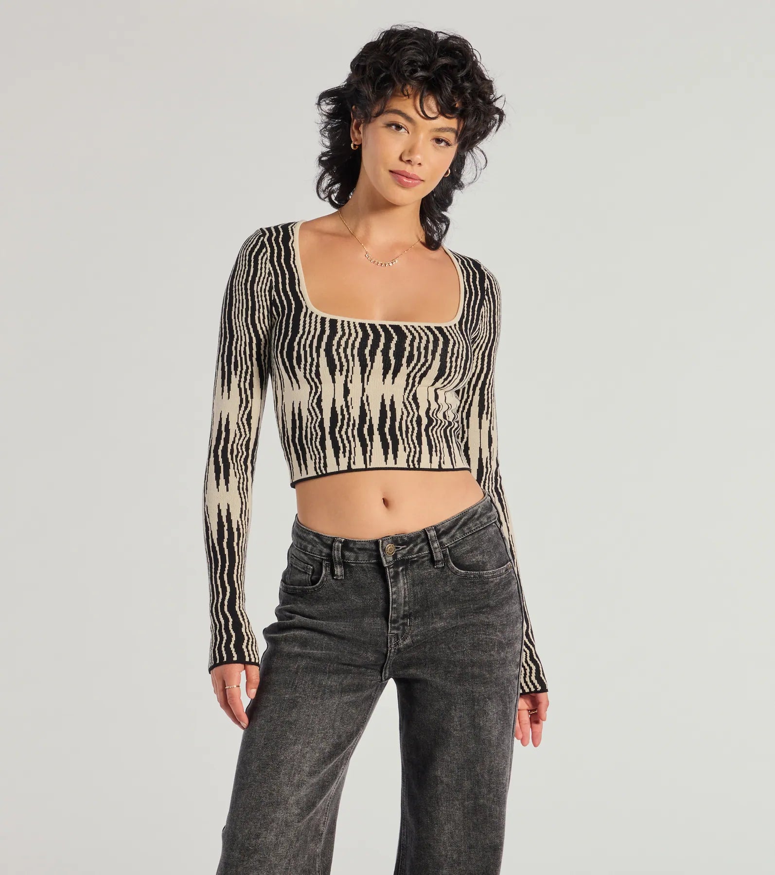 Bold Chic Abstract Striped Knit Long Sleeve Top Elegant Women's Formal 