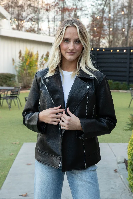 Bryanna Faux Leather Moto Jacket, Black Sustainable Organic