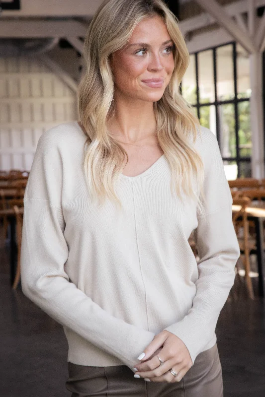 Kiersten V-Neck Seam Detail Sweater, Oatmeal Minimalist Women's Casual