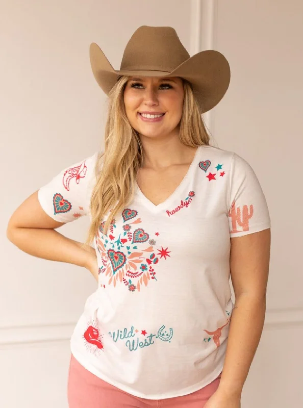 Western Elements White V-Neck Tee Dapper Women's 1920S