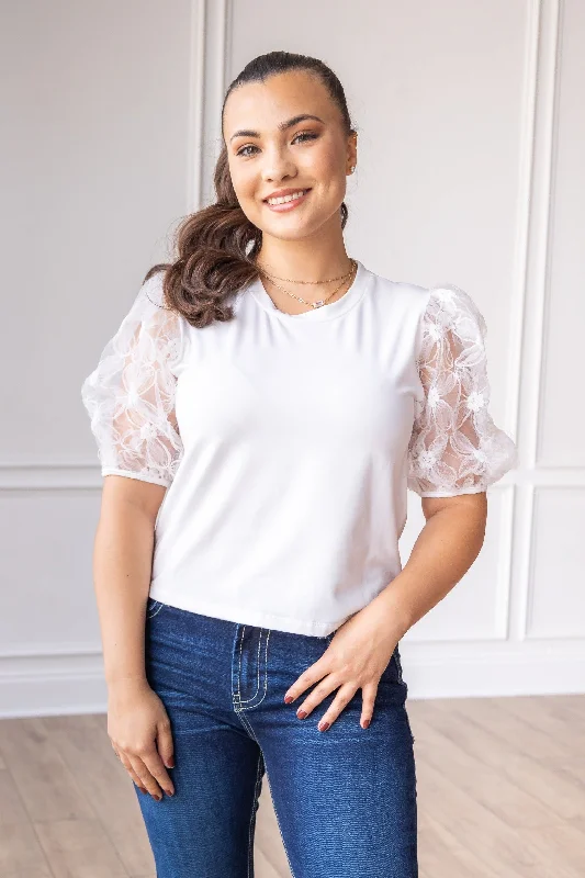 Midnight Blossom White Floral Puff Sleeve Sophisticated Women's Tailored