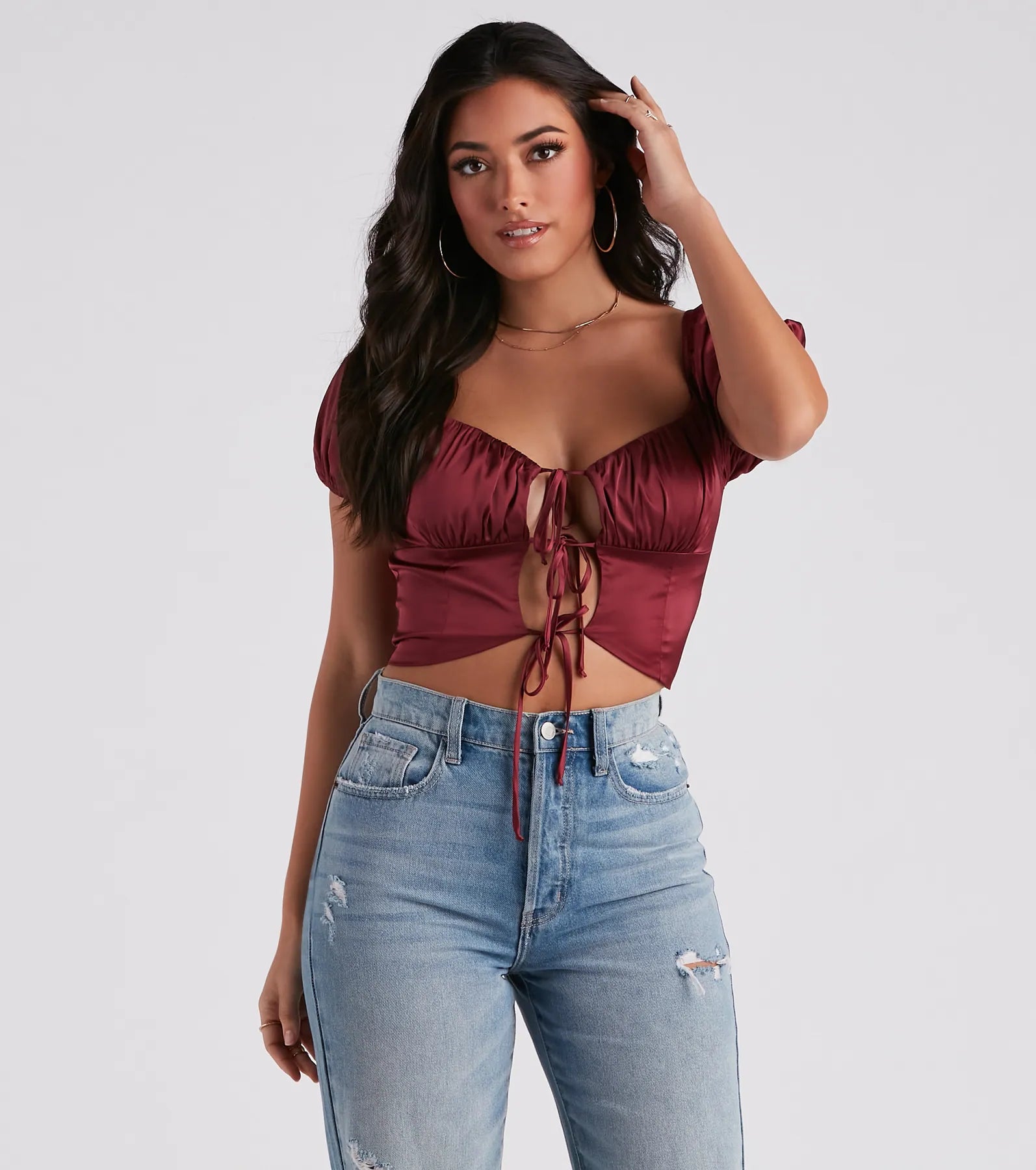 Cute Peek Satin Tie-Front Crop Top Business