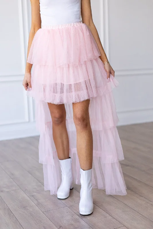 Pink Tulle Ruffled High-Low Skirt Elegant Women's Formal 